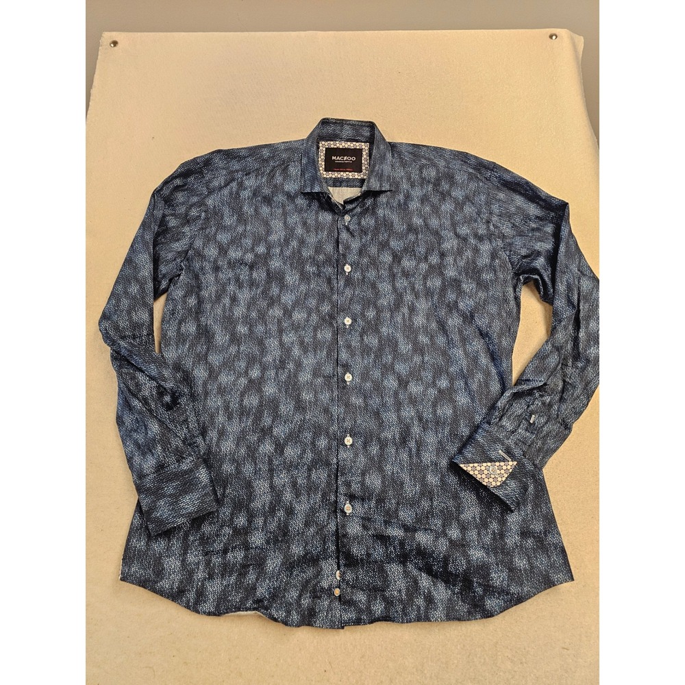Maceoo Einstein Leavesmicro Blue Italian Fabric Button Down Shirt Mens XL 5/XL